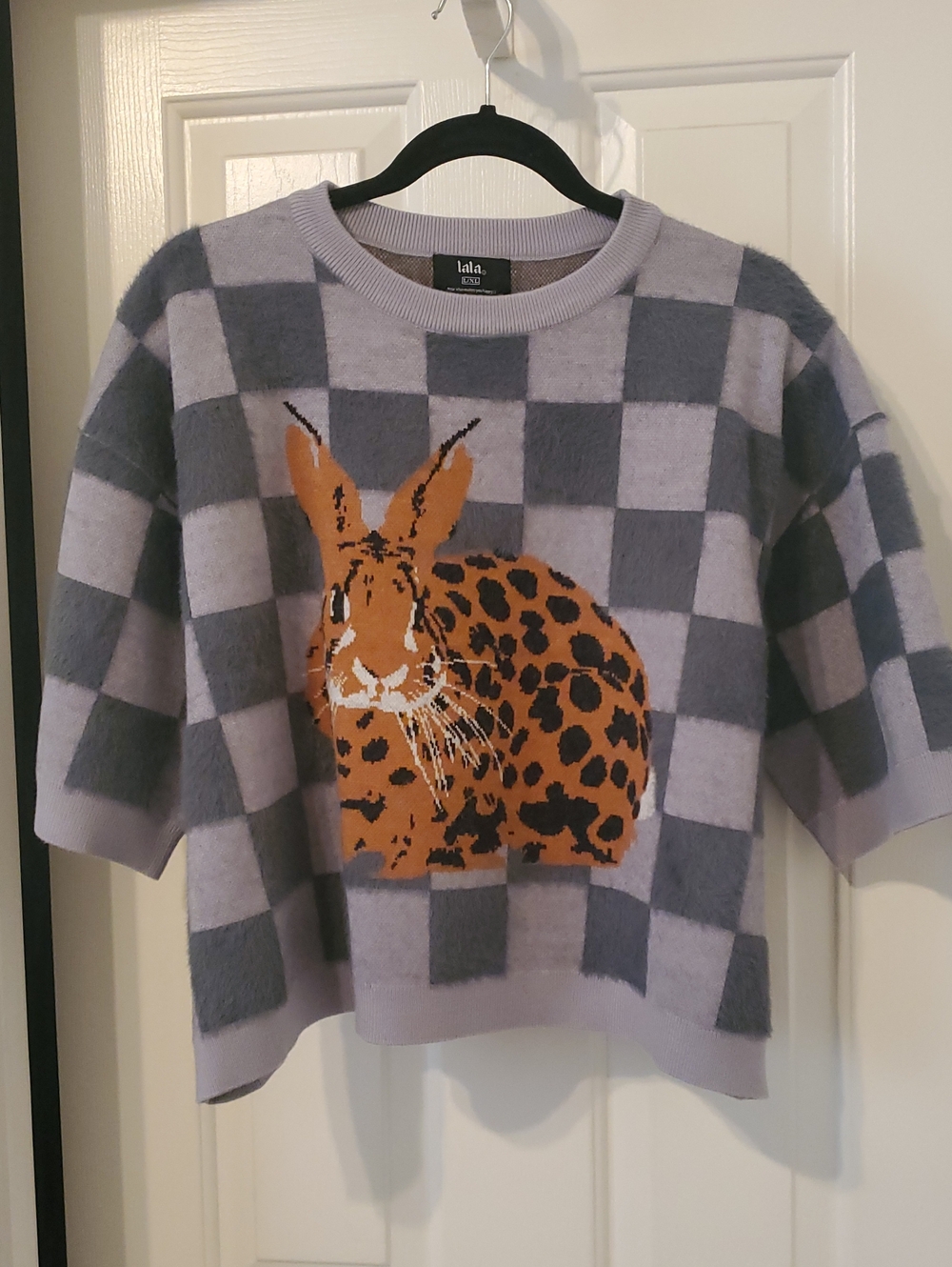 Dressed in LALA Lavender & Gray Checkerboard Bunny Sweater